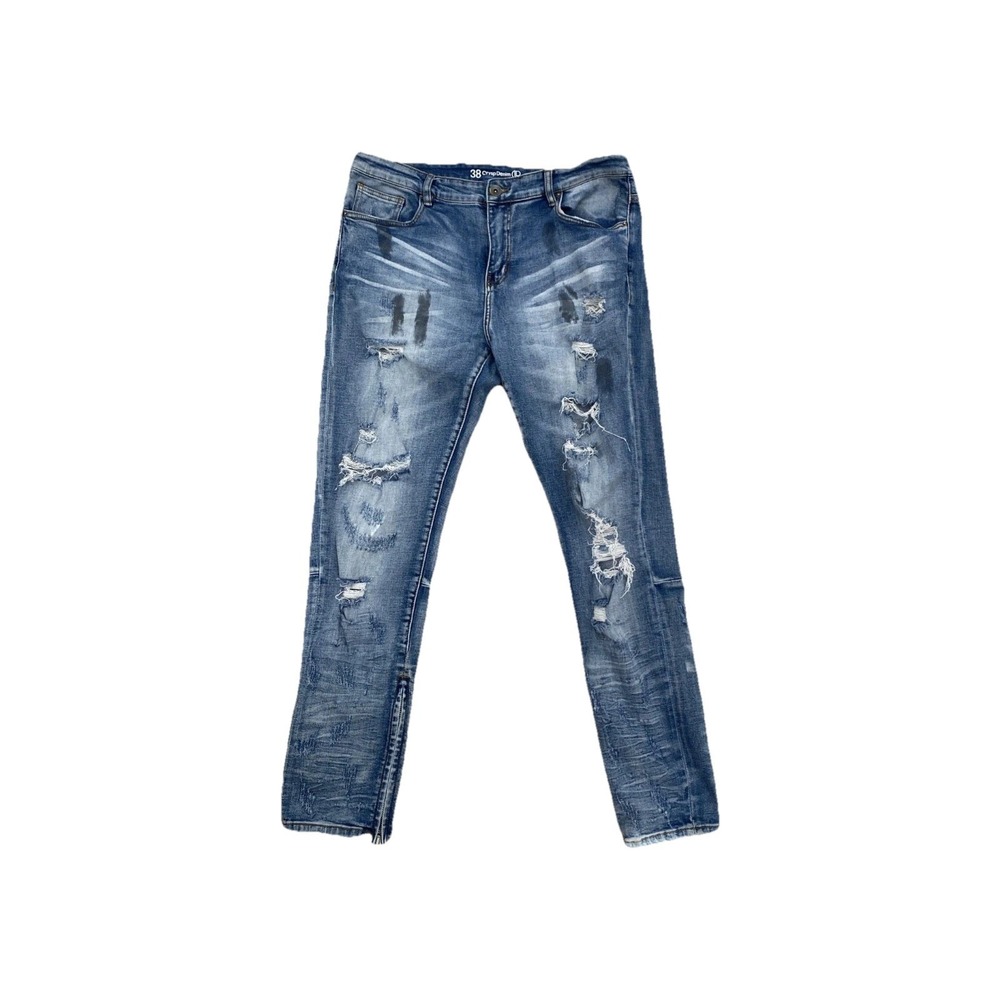 Crysp Denim Men's Moto Biker Jeans 38X32 Frayed Leg Zippers Stretch Grunge